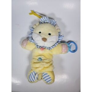 Vtg First Peek Yellow Lion Blue Plush Musical Baby Crib Pull 13" Toy